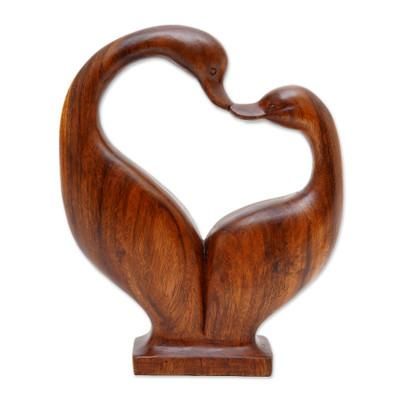 Swan Kiss,'Handcrafted Suar Wood Swan Couple Sculpture from Bali'