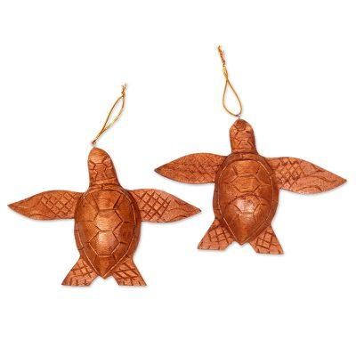 Patient Turtle,'2 Turtle Wood Ornaments Artisan Crafted in Indonesia'