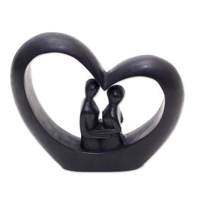 Love Within,'Heart-Shaped Romantic Wood Sculpture in Black from Bali'