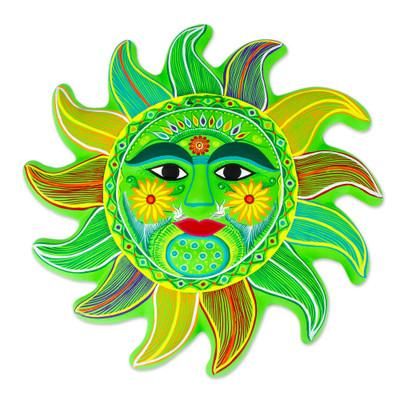 Fresh April Sun,'Bright Green Signed Ceramic Sun Wall Sculpture from Mexico'