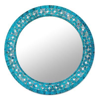 Turquoise Blossom,'Round Turquoise Glass Mosaic Tile Mirror with Flower Motif'
