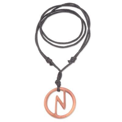 Balinese Bolt,'Men's Sawo Wood Bolt Pendant Necklace with Cotton Cord'