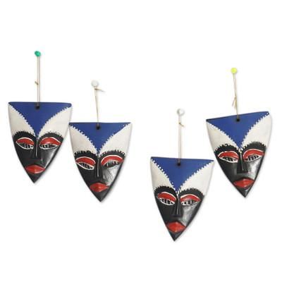 'Set of 4 Hand-Painted Triangular Blue Sese Wood Ornaments'