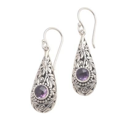 Bamboo Garden,'Bamboo Motif Dangle Earrings with Amethyst'