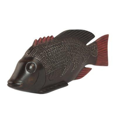 Wood sculpture, 'Ga Redfish' - Unique African Wood Sculpture