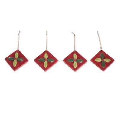 Mistletoe,'Green and Red Ceramic Mistletoe Ornaments (Set of 4)'
