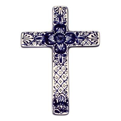 Talavera Flower,'Hand Crafted Talavera Style Ceramic Wall Cross from Mexico'
