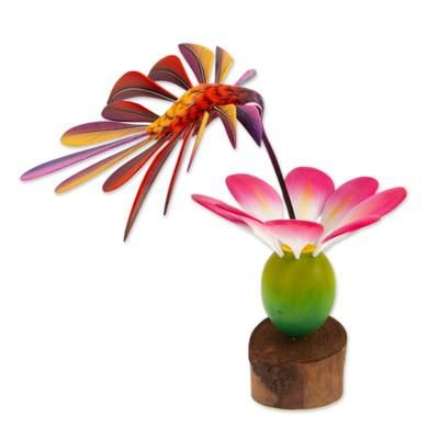 Happy Hummingbird,'Handmade Floral Wood Bird Sculpture'