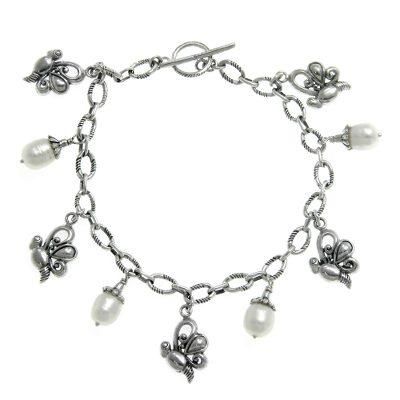 Cultured pearl charm bracelet, 'Baby Butterfly'