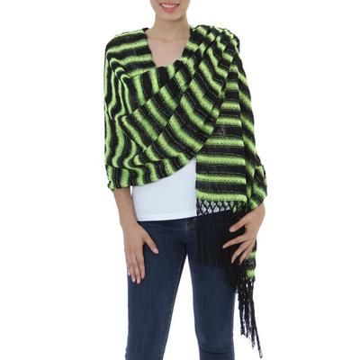 Chartreuse Journey,'Hand Woven Cotton Shawl Chartreuse Stripes from Mexico'