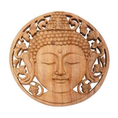 Berry Buddha,'Handcrafted Suar Wood Buddha Relief Panel from Bali'