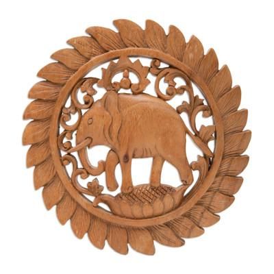 'Traditional Elephant-Themed Suar Wood Relief Panel from Bali'