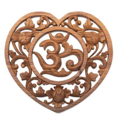 Om Love,'Hand Carved Balinese Om Motif Wood Wall Relief Panel'