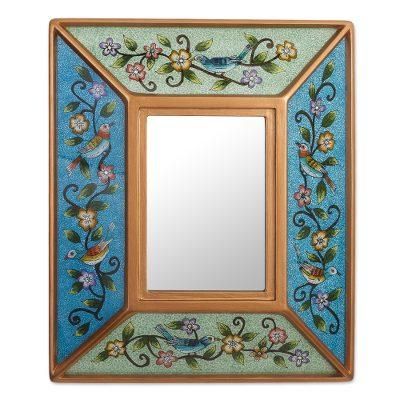 Birdsong in Blue and Green,'Floral Reverse-Painted Glass Wall Mirror'