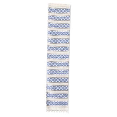 'Hand-Woven Fringed Cotton Table Runner in Blue Ivory & Grey'