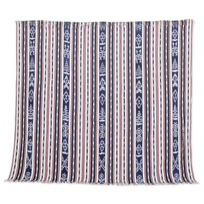 'Blue and Red Hand-Woven Cotton Throw Blanket with Stripes'