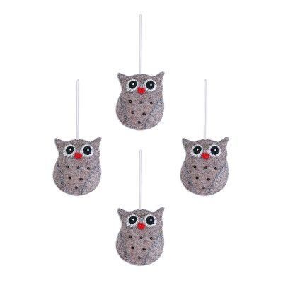 Midnight Quartet,'Set of Four Handcrafted Wool Owl Ornaments from India'