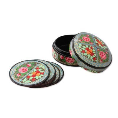 Papier mache coasters, 'Kashmir Floral' (set of 6)
