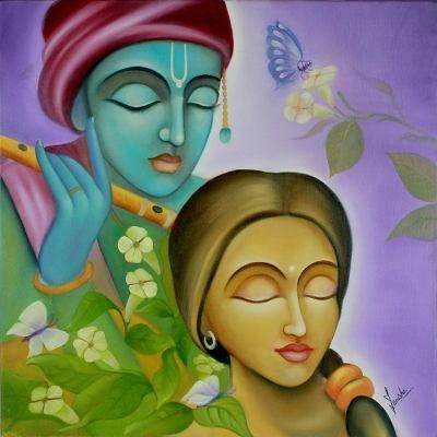 'Radha Krishna I' Hindu Love Deities Signed Hinduism Painting