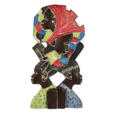 Women in Unity,'Sese Wood Wall Relief Panel of African Women from Ghana'