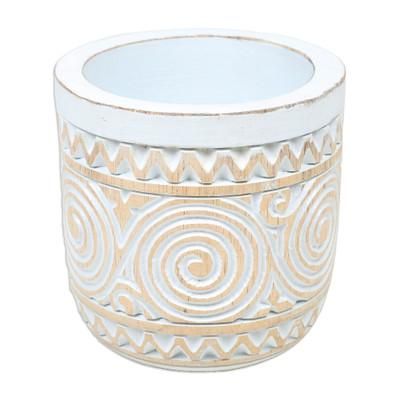 'Hand-Carved Wood Decorative Vase with Distressed Finish'