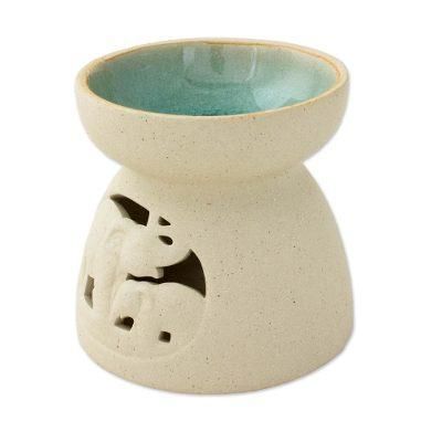 Mother and Child Elephant,'Ceramic Oil Warmer with Elephant Carving from Thailand'