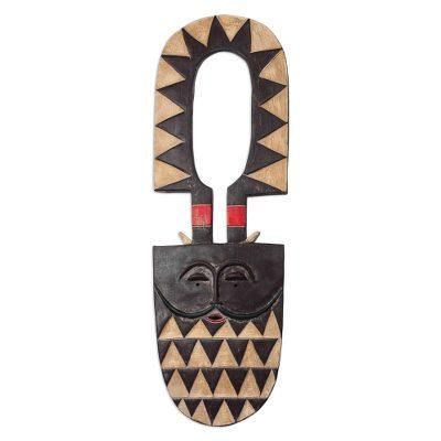 Dynamic Cheer,'Brown Cream and Red Accent African Wood Decorative Wall Mask'
