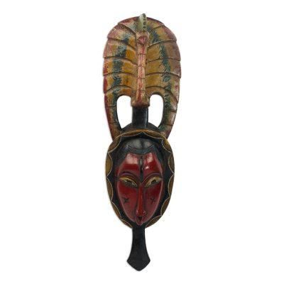 Tribal Peacock,'Hand Carved Sese Wood Wall Mask with Peacock from Ghana'