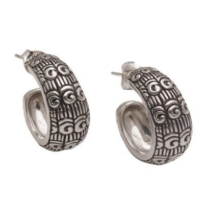 'Samsi Motif Sterling Silver Half-Hoop Earrings from Bali'