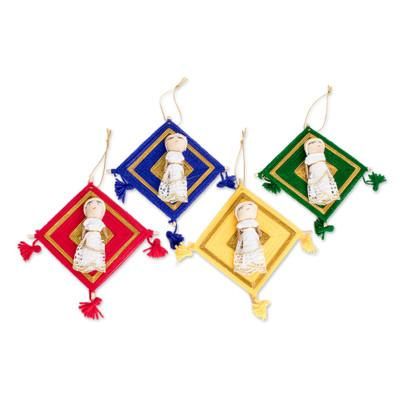 Gilded Christmas,'Guatemalan Handmade Cotton Worry Doll Ornaments Set of 4'
