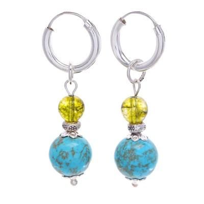 Chic Duo,'Silver Hoop Earrings with Reconstituted Turquoise & Quartz'