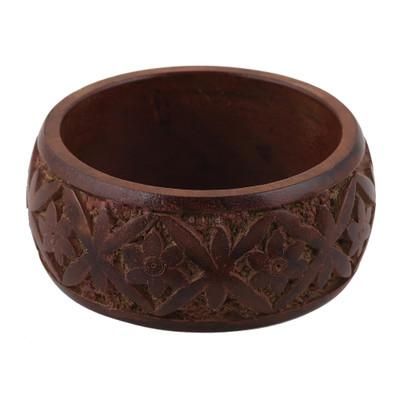Hand Carved Floral Motif Wood Bangle Bracelet from India 'Connected Garden'