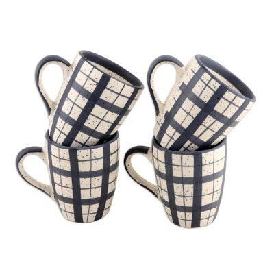 Windowpane,'Dark Blue Off and White Ceramic Mugs (Set of 4)'
