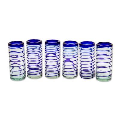 Cobalt Spiral,'Hand Blown Drinking Glasses Blue Accent Set of 6'