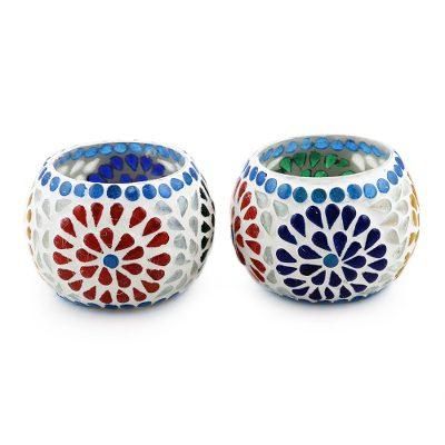 Ambient Flowers,'Hand Crafted Glass Mosaic Tealight Holders (Pair)'