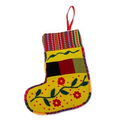 Christmas Flora,'Handcrafted Yellow Christmas Stocking with Andean Details'
