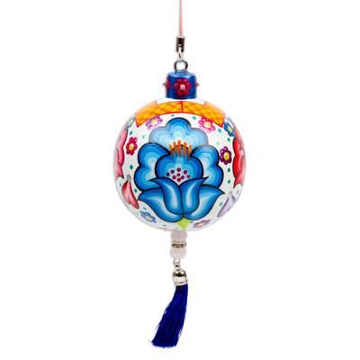 'Hand-Painted Floral Copal Wood Ornament in a White Base Hue'