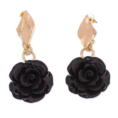 'Rose-Themed 24k Gold-Plated Resin Dangle Earrings in Black'