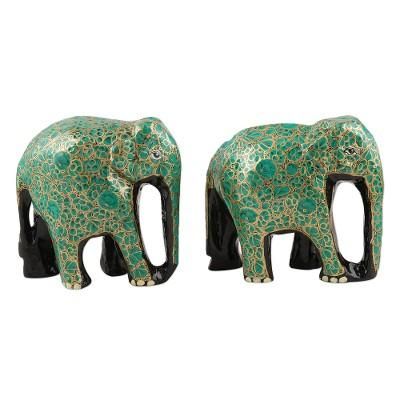 Bond of Friendship in Green,'Handcrafted Papier Mache Elephant Statuettes (Pair)'