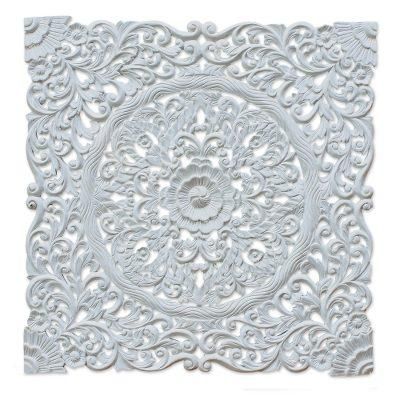 'Hand-Carved Floral Acacia Wood Relief Panel from Thailand'