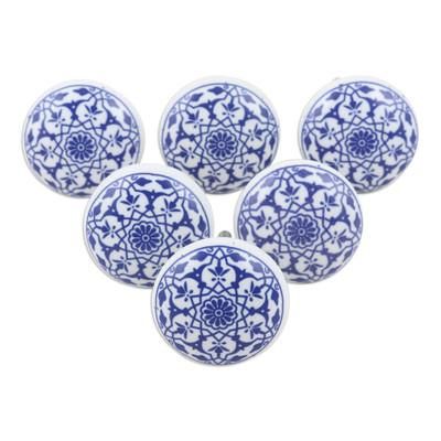 Blue Meditations,'Set of 6 Handcrafted Mandala Ceramic Knobs in a Blue Hue'