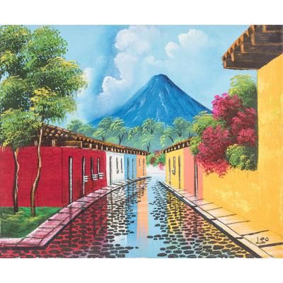 San Sebastian Street,'Impressionist Oil Painting of Street & Volcano in Guatemala'