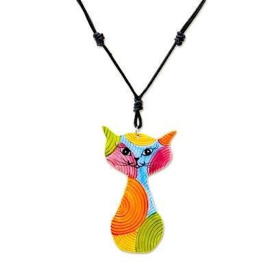 Rainbow Cat,'Colorful Ceramic Cat Pendant Necklace from Thailand'
