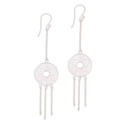 Raining Circles,'Circular Sterling Silver Filigree Dangle Earrings from Java'