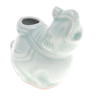 Elephant Beauty,'Celadon Ceramic Vase of Elephant with Trunk Up from Thailand'