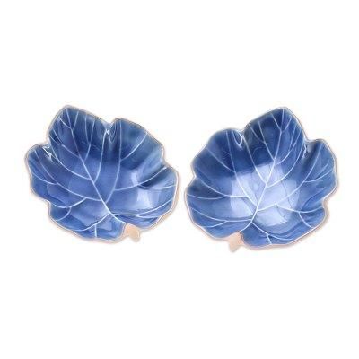 'Leaf-Shaped Blue Ceramic Serving Bowls from Thailand (Pair)'