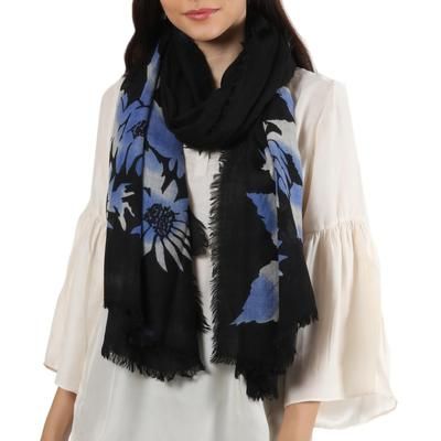 Late Night Blossom,'Floral Motif Screen-Printed Wool Shawl from India'