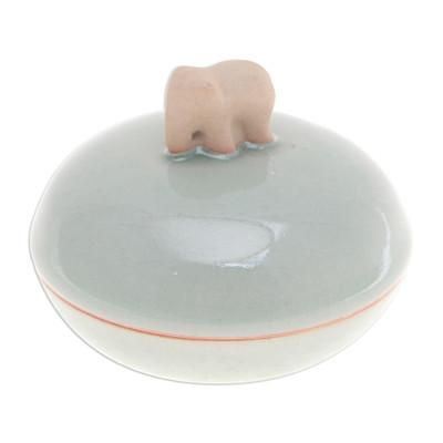 'Thai Celadon Ceramic Elephant-Themed Jar with Lid in Green'