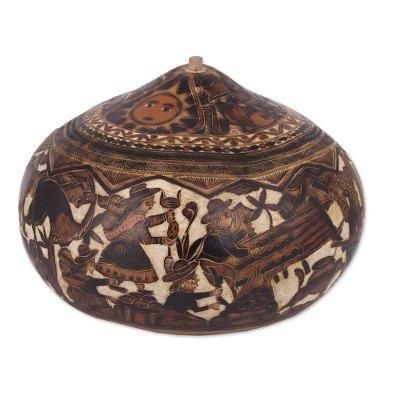'Hand-Carved Gourd Decorative Box with Andean Pastoral Scene'