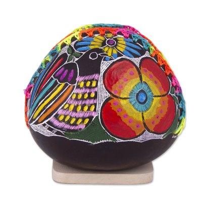 Bright Song,'Colorful Bird and Flowers Hand Painted Gourd Napkin Holder'
